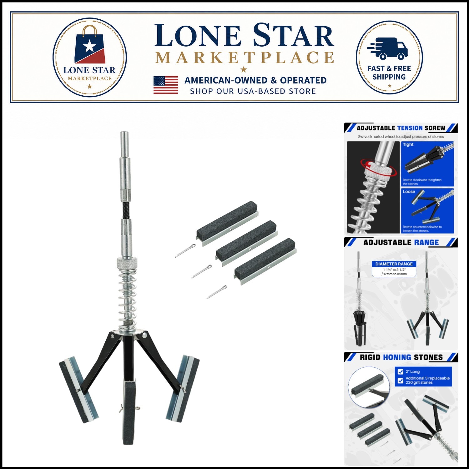 Engine Cylinder Hone Kit – 220 Grit Stones for Fast Carbon Removal and Smoothing
