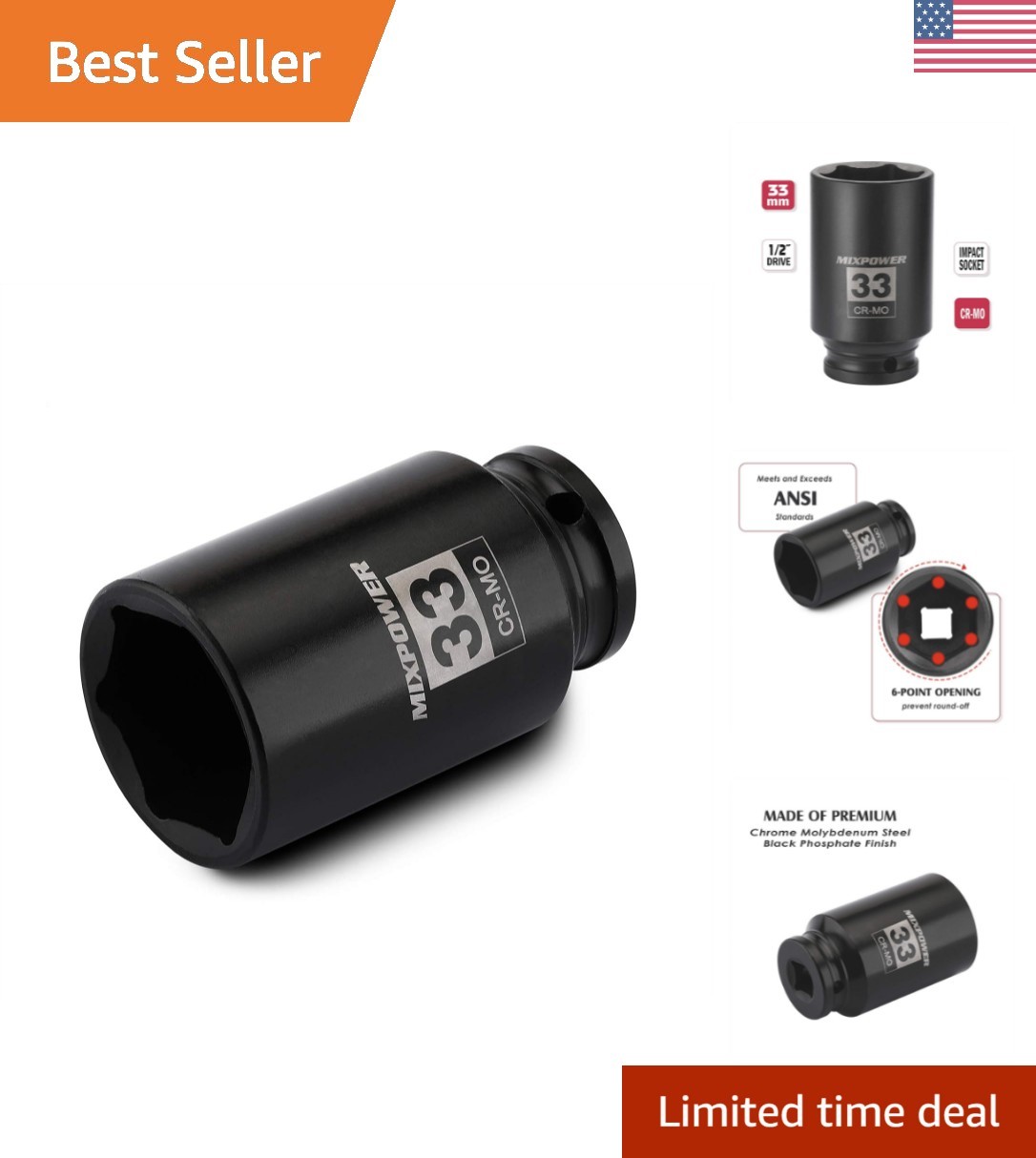 33mm 6-Point Impact Socket – CR-MO for Axle Nut Removal | ANSI Certified