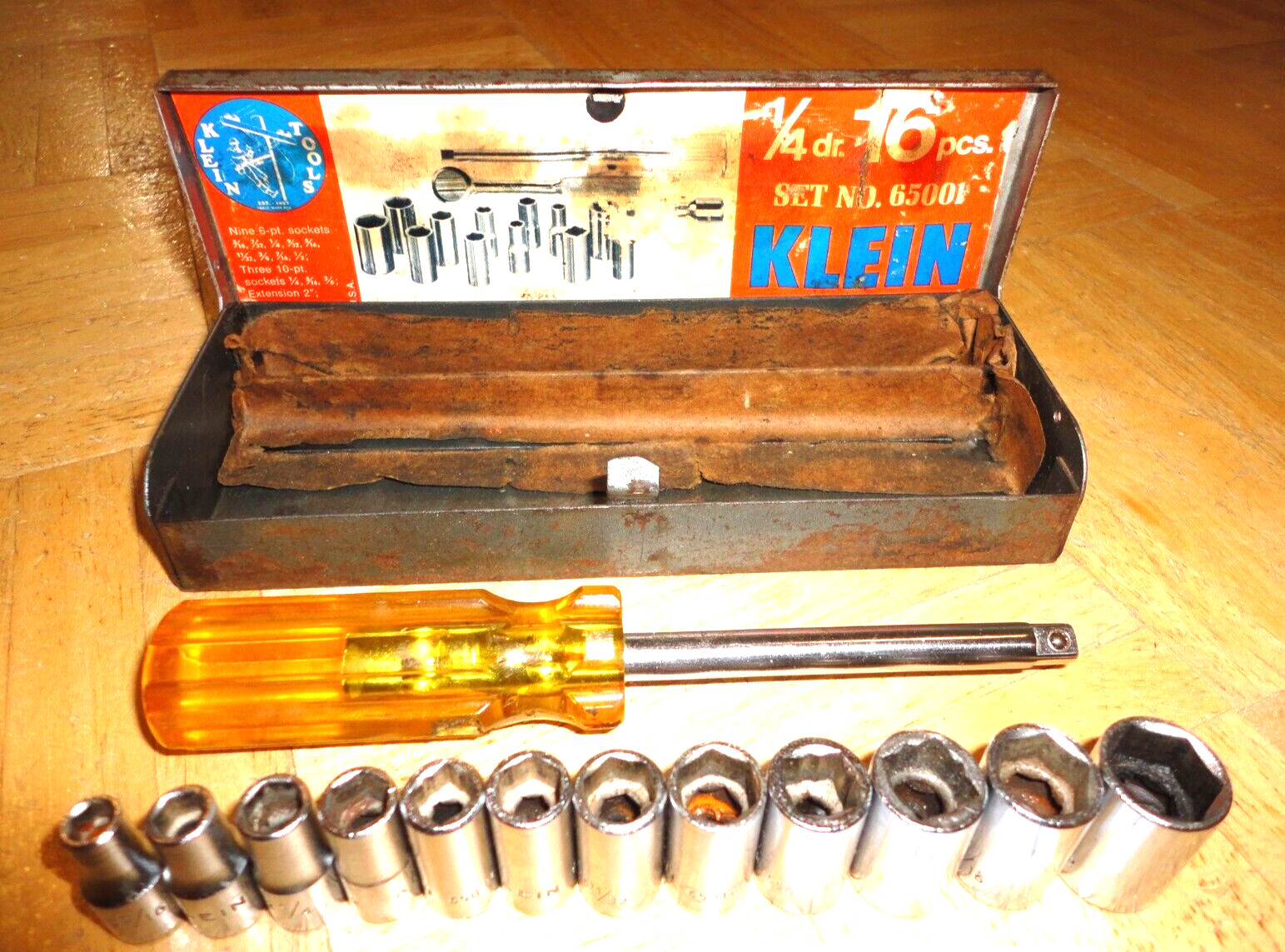 KLEIN TOOLS 16 PIECE 1/4 DRIVE GENERAL SERVICE SET 7 IN CASE 65001 VINTAGE 60’S