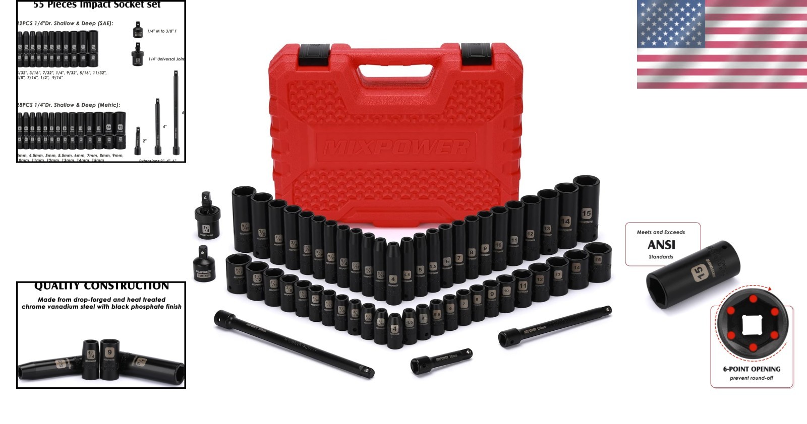 55-Piece 1/4″ Dr. Impact Socket Set, Deep/Shallow