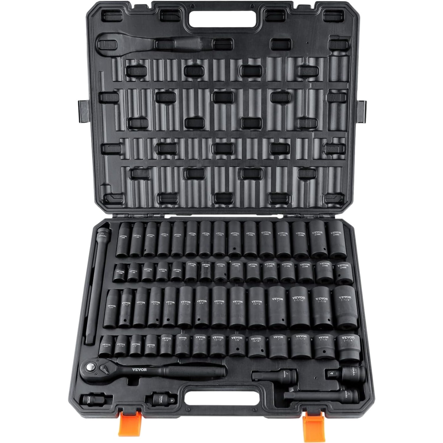 Impact Socket Set 65P Chrome Vanadium Steel 3/8 to 1-1/4 Inch Auto Repair