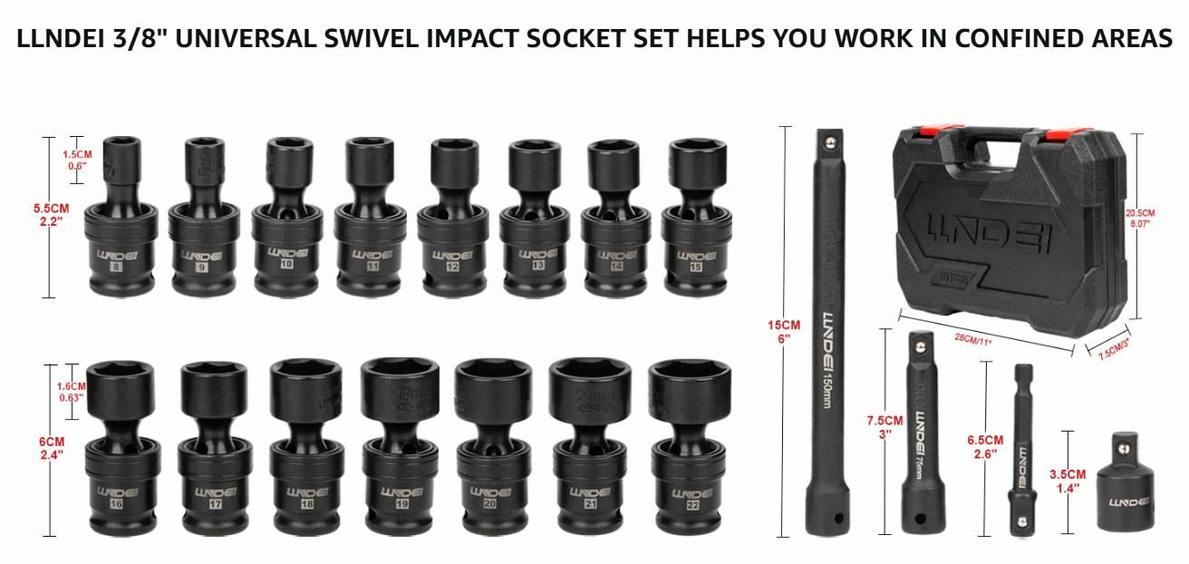 3/8″ Universal Impact Socket Set, 19PCS Metric Swivel Sockets CR-MO Kit