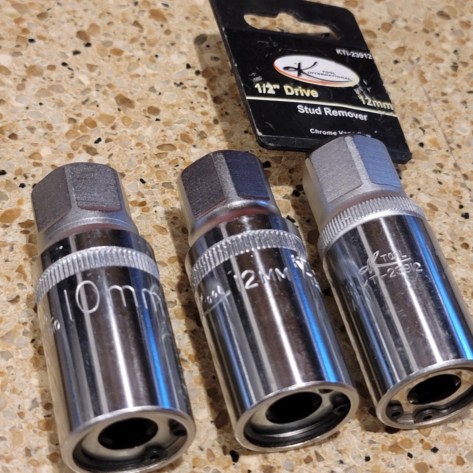 K TOOL STUD REMOVER SOCKETS RANDOM SIZES 1/2″ DRIVE 1/4″, 7/16″, 10mm, 12mm NOS