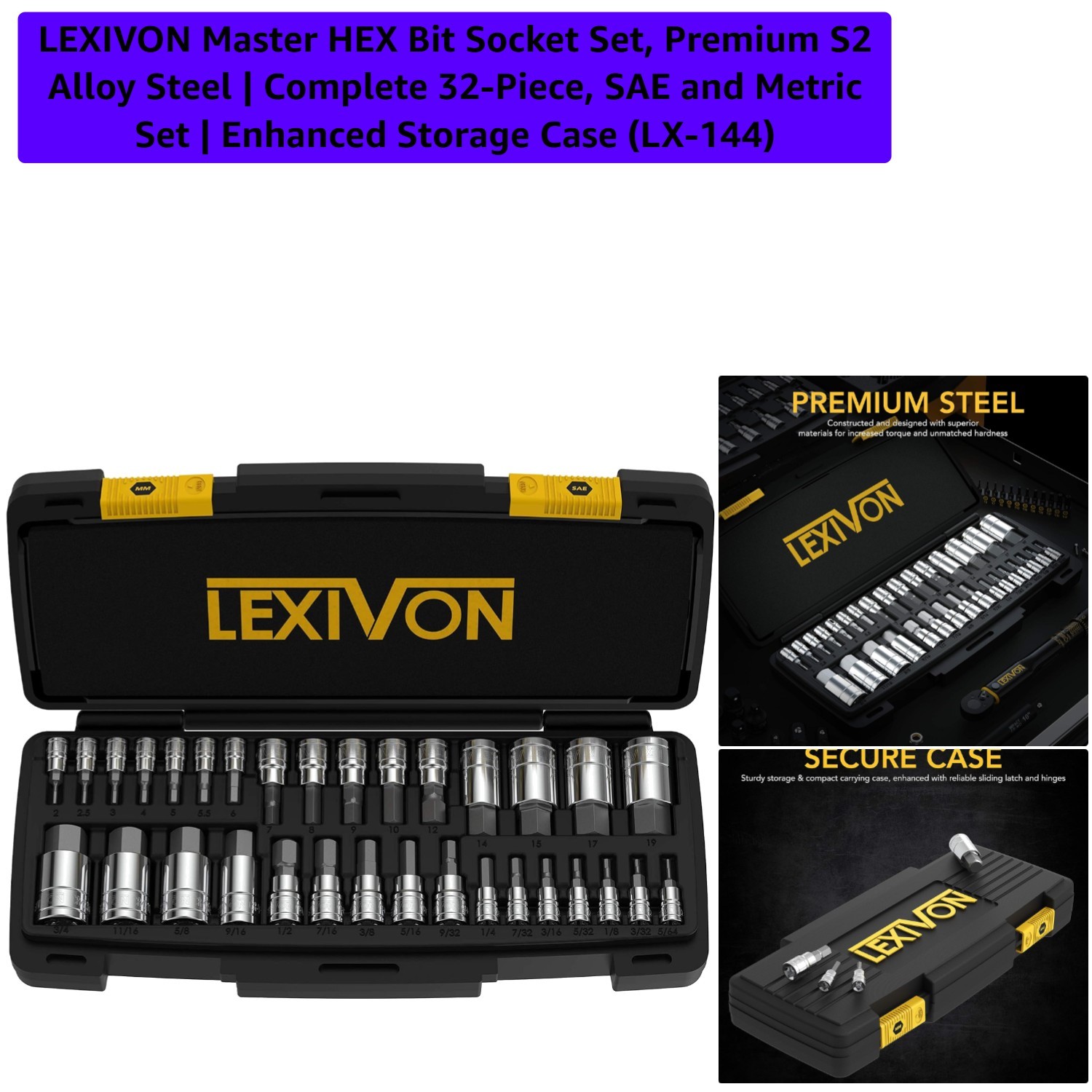 Lexivon 32-Piece Master HEX Bit Socket Set – S2 Steel with Storage Case