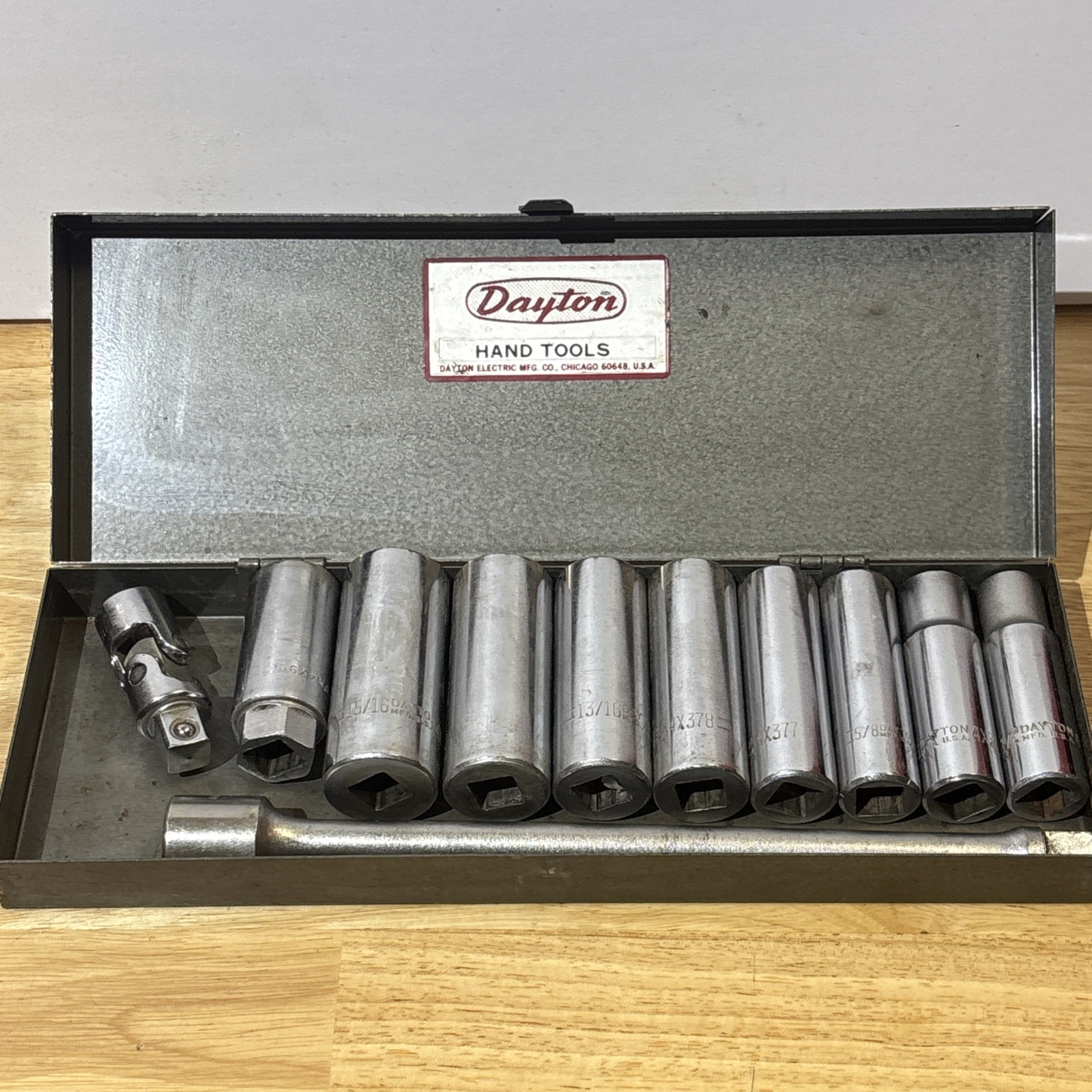 Dayton SAE Deep Socket Set 1/2″ Drive 12 Point 1/2″ to 15/16″ W/ Case Vtg USA
