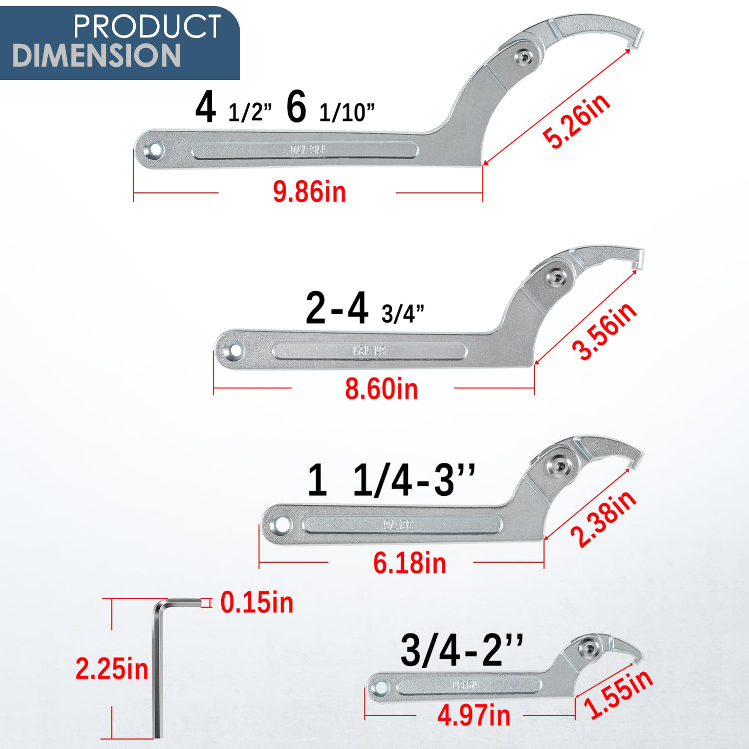 8 Pack Adjustable Hook C Pin Spanner Wrench Tool Set Nut Wrench 3/4″ to 6-1/10″