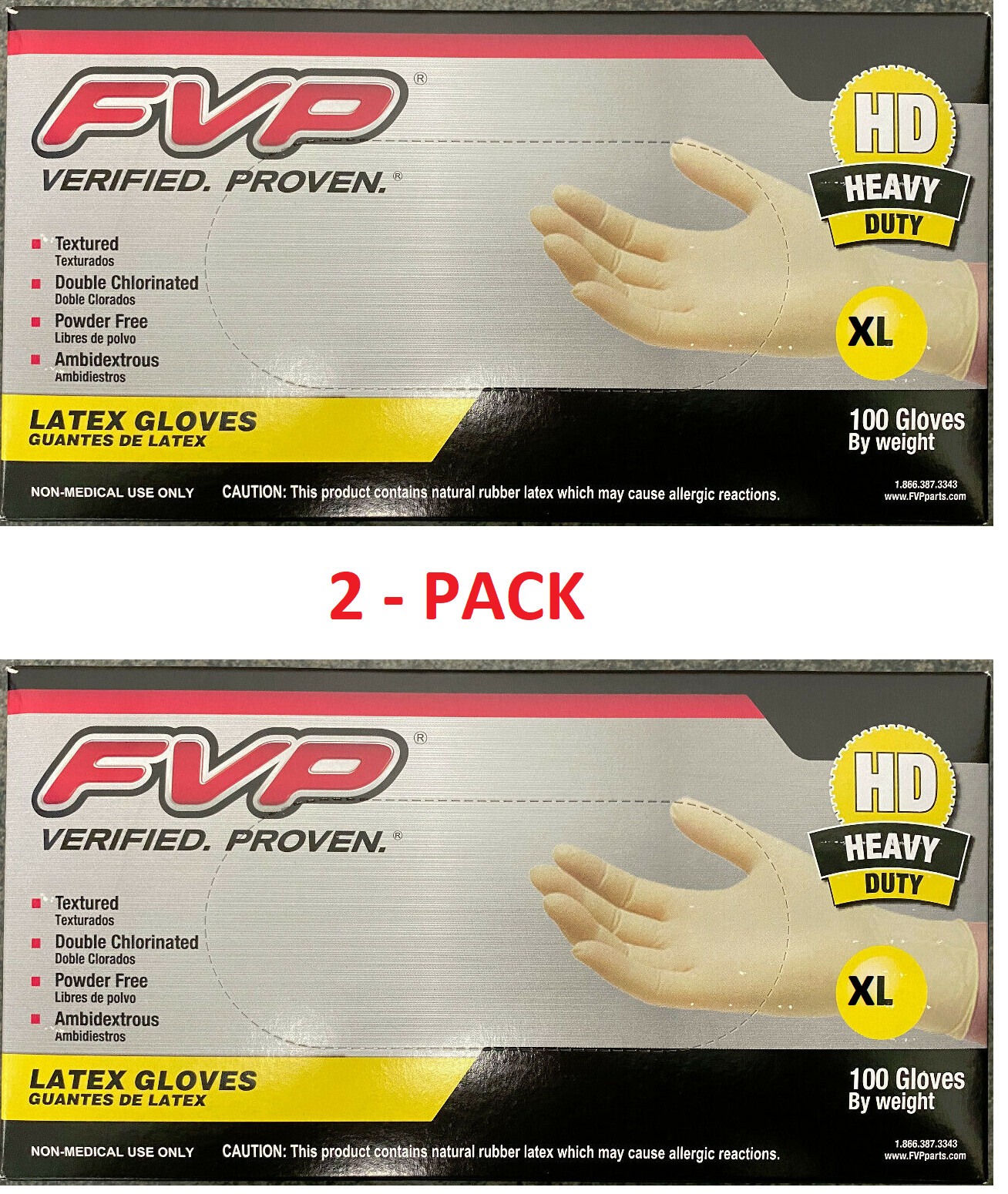 2 PACK -FVP «HEAVY DUTY» Latex Gloves X-LARGE Textured Powder Free Box of 100 HD