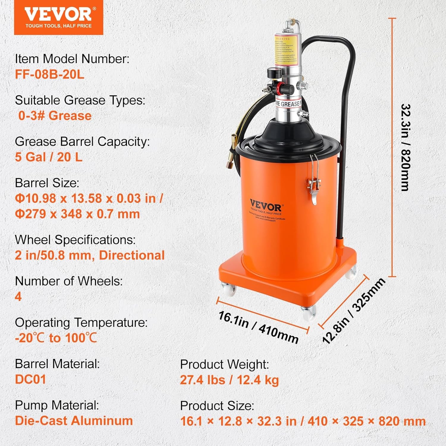 VEVOR Grease Pump, 5 Gallon Air Pump with 13 ft High Pressure Hose…