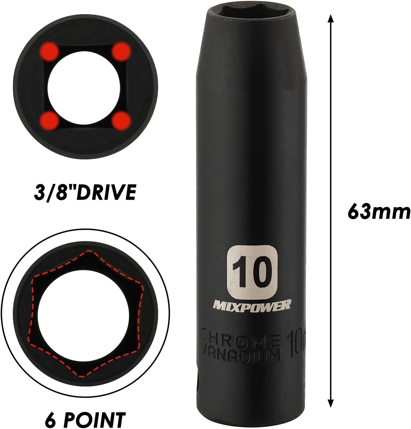 10mm Deep Shallow Socket 6PCS 3/8″ Drive 6 Point 12 Point CR-V