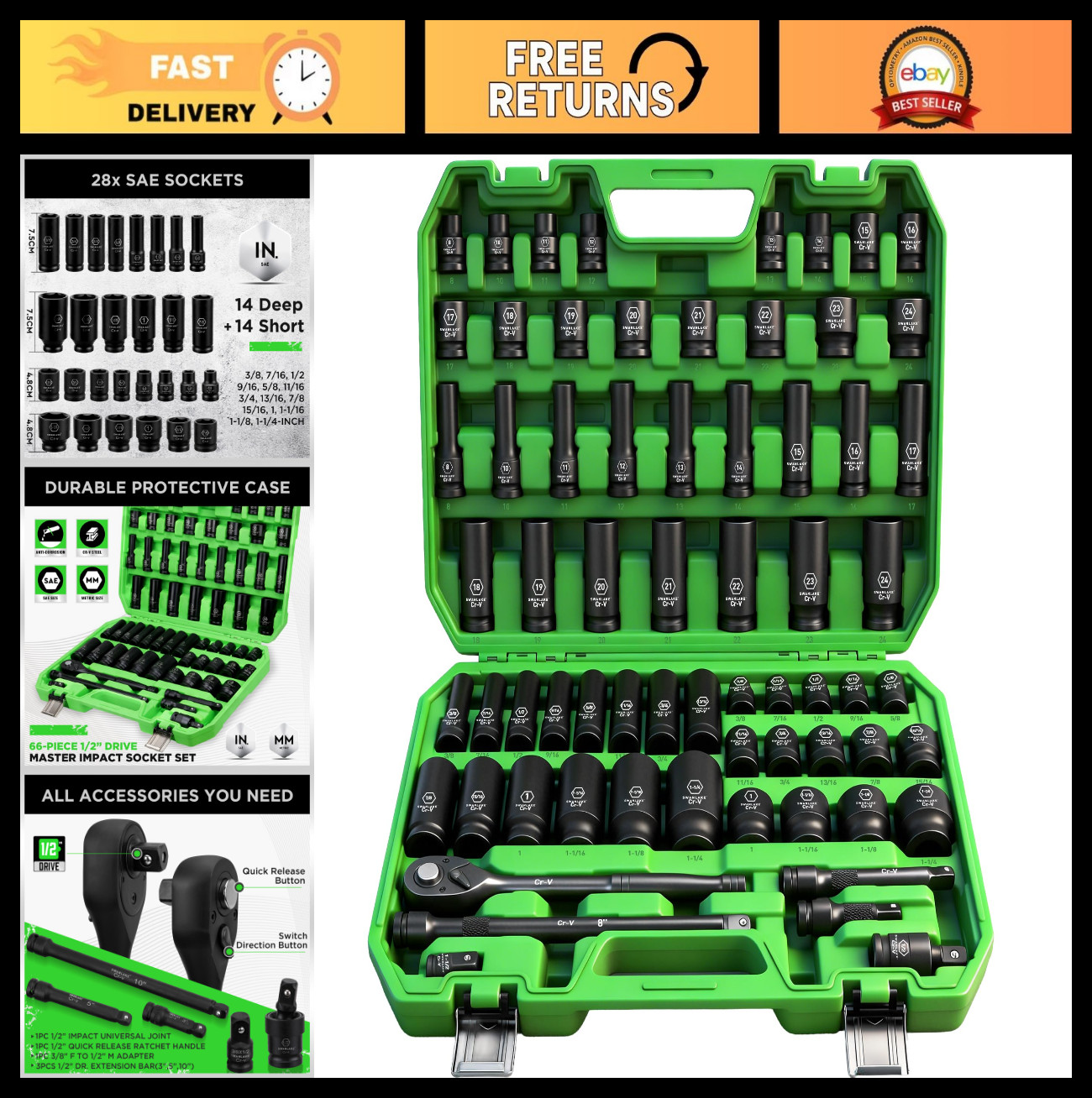 66-Piece Impact Socket Set, 1/2″ Drive, SAE & Metric, 6 Point, Cr-V, Ratchet & E