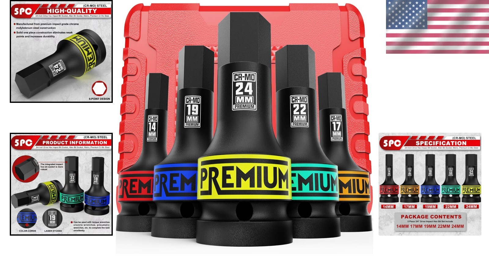 Automotive 3/4″ Drive Impact Hex Bit Socket Set – One-Piece Cr-Mo Steel Design