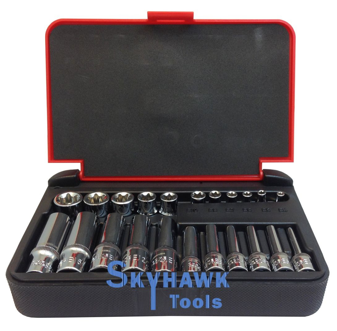 22-Pc 1/4″ & 1/8″ DR. Female Star TORX Socket Set E4-E10 & E11-E18 with Case