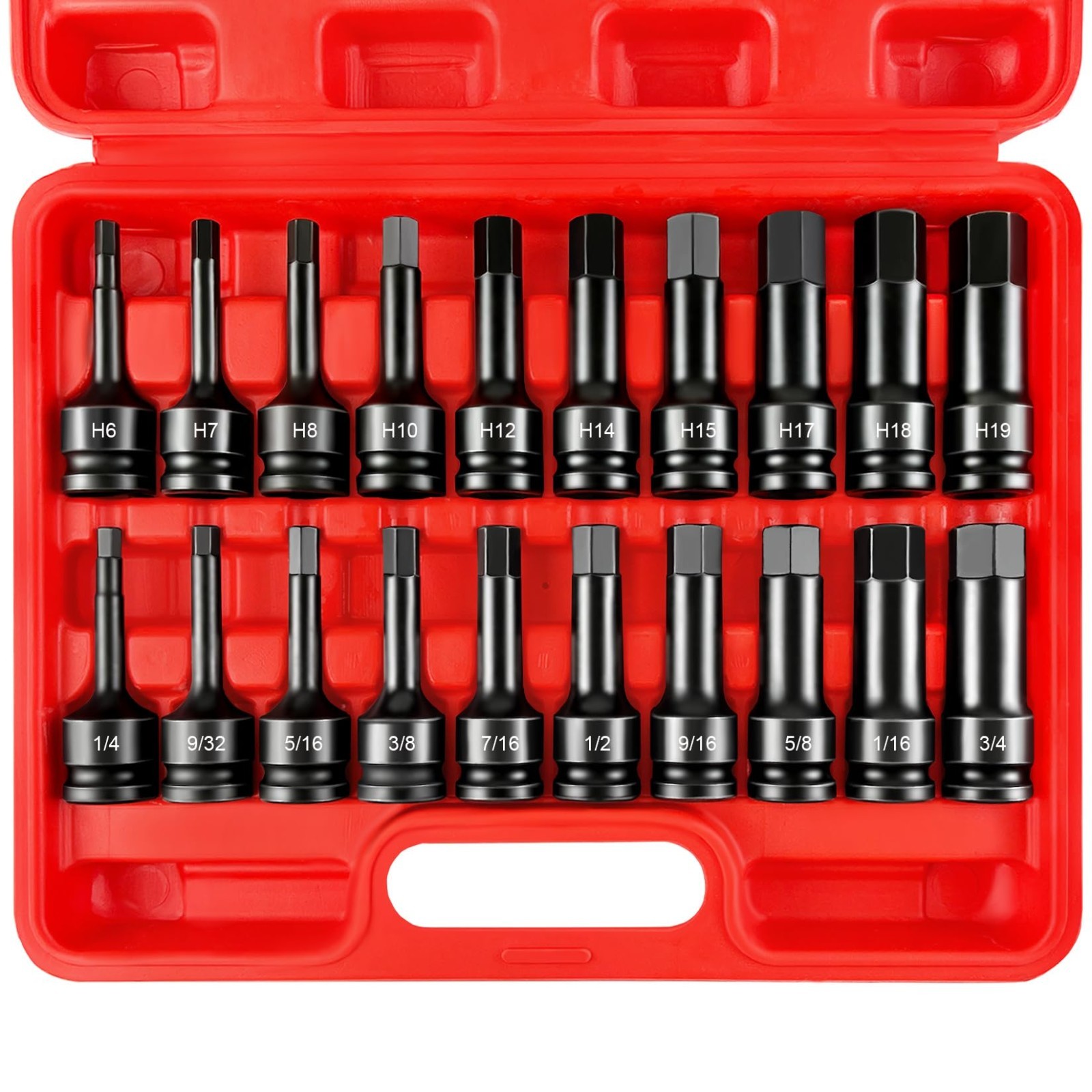 20-Piece 1/2″ Drive Impact Hex Bit Socket Set, CR-V Steel, SAE & Metric Sizes