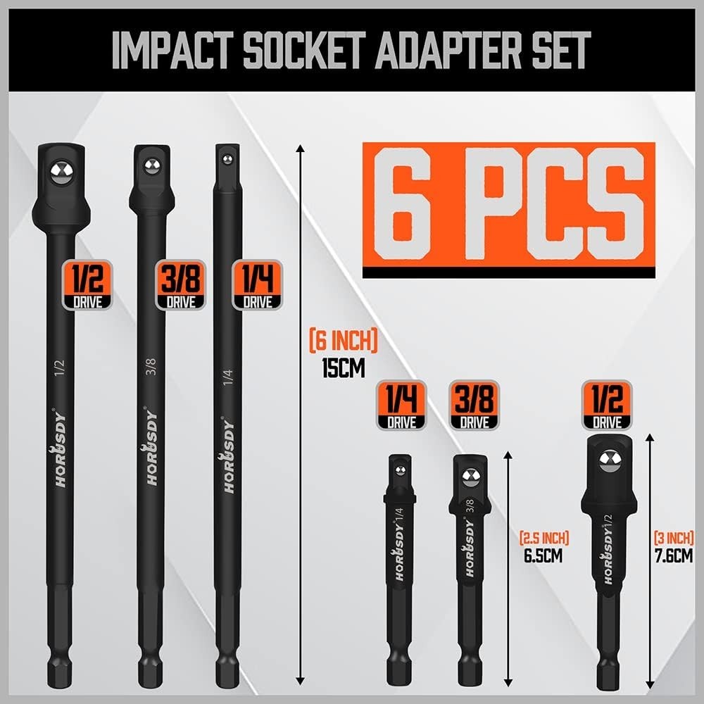 6-Piece Impact Sockets Adapter Sets, 3-Inch and 6-Inch Hex Shank 1/4″ 3/8″ 1/2″