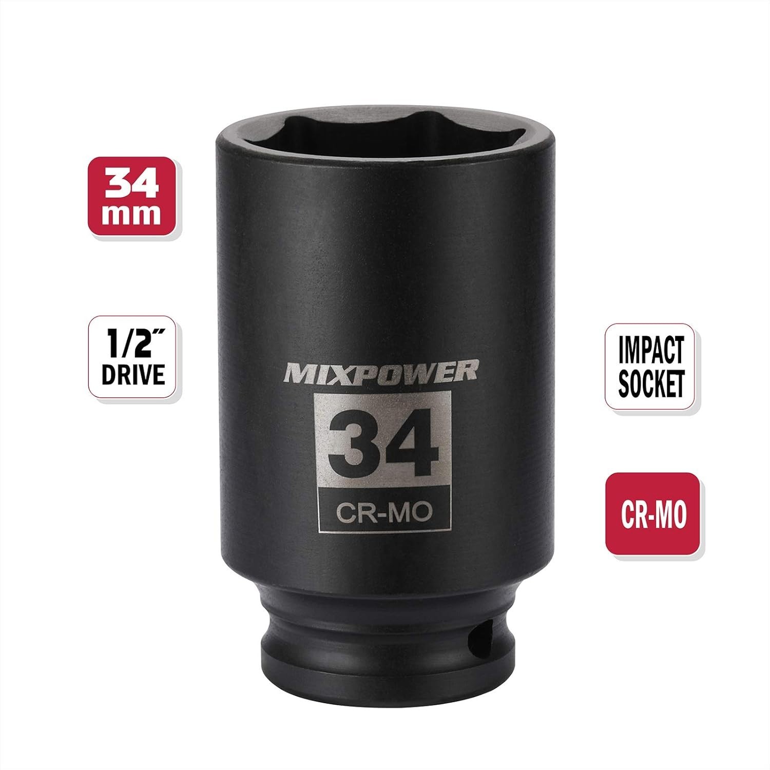 1/2″ Drive 34mm Impact Socket – Chrome Molybdenum, Laser Marked for Easy Use