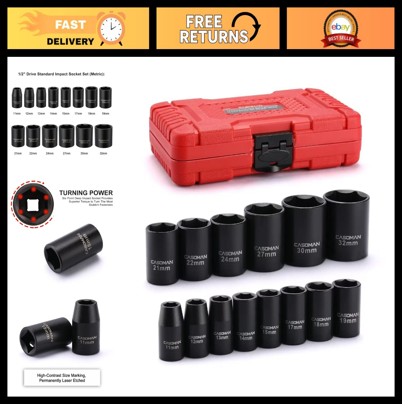 14-Piece 1/2″ Drive Shallow Impact Socket Set, Metric 6-Point, 11mm-32mm Tools