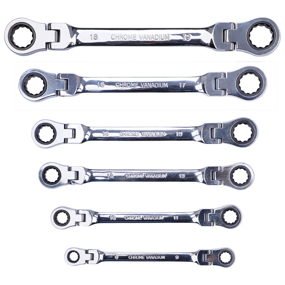 Double Box End Ratcheting Wrench Set Metric 6-Piece, 8mm-19mm, 72-Tooth Ratchet
