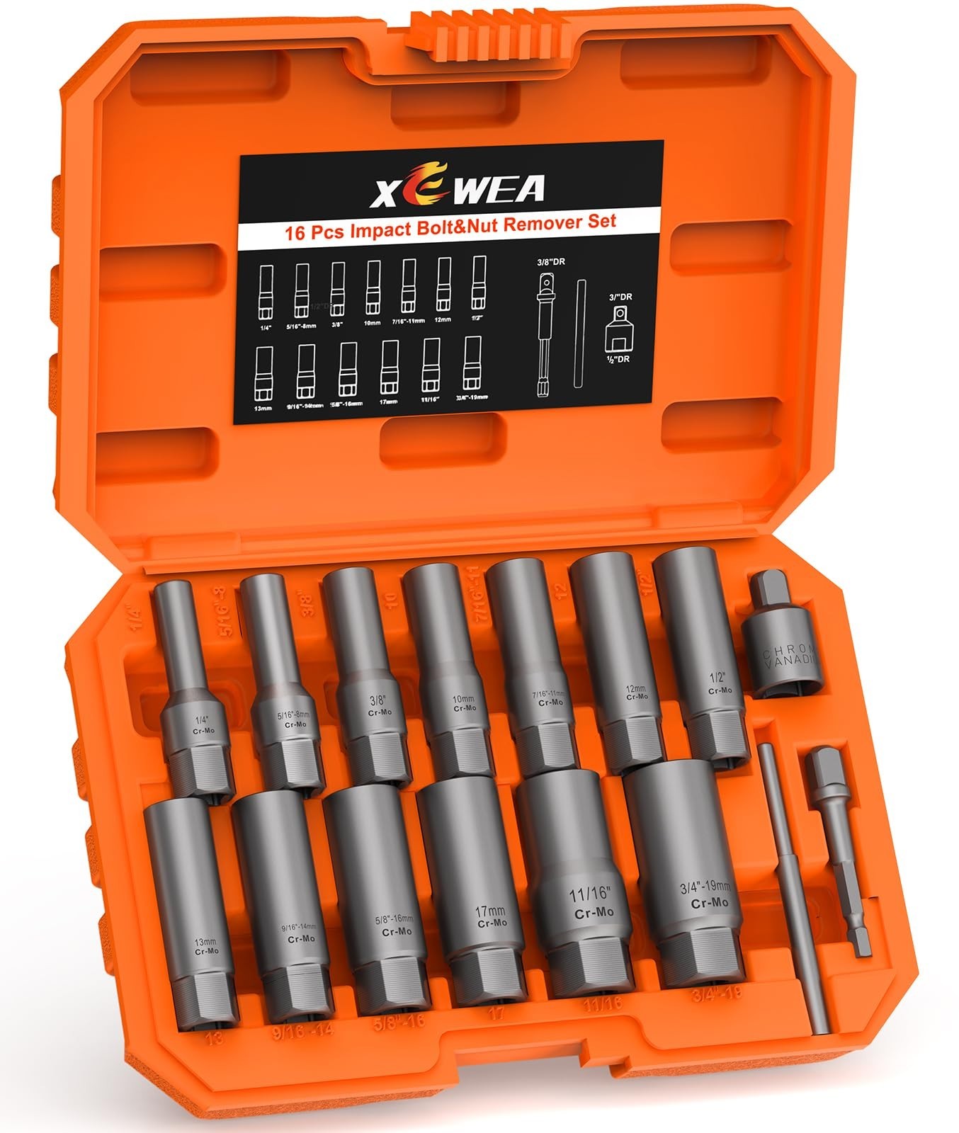 16PCS Deep Bolt Extractor Set – Impact Nut Remover for Stripped, Rusted, Broken