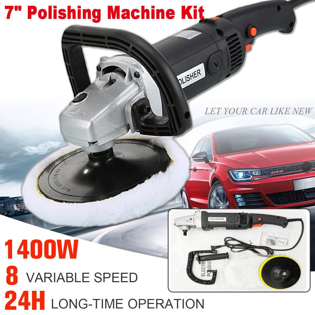 Electric Car Polisher Buffer Sander Waxer Kit Variable 8-Speed 7″ 1400W W/ Pads