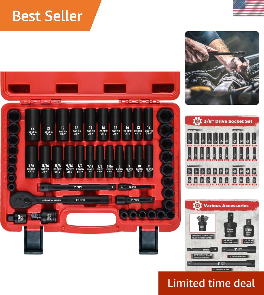 Professional 50-Piece 3/8″ Drive Impact Socket Set with Case & Ratchet Handle