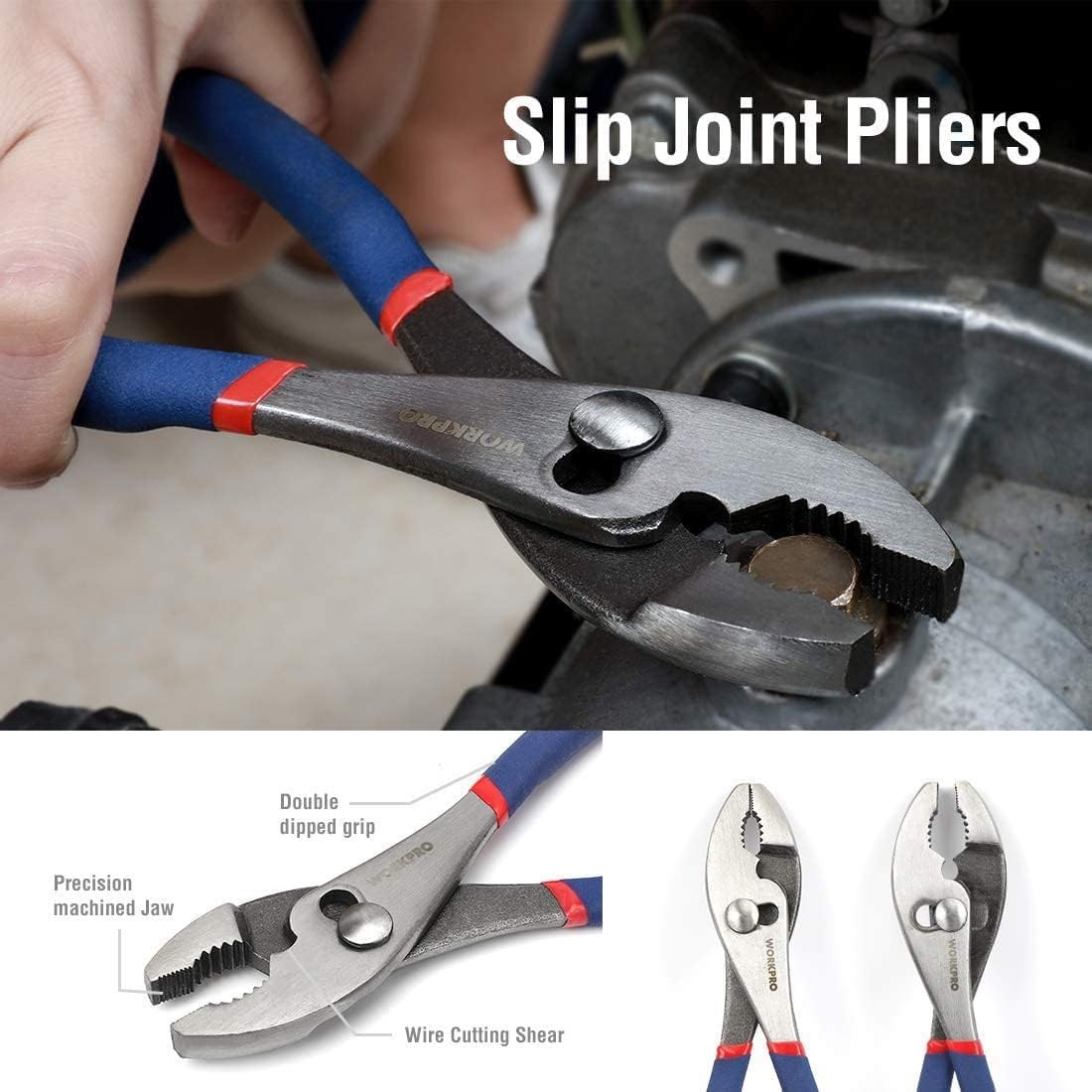 WORKPRO Large Pliers & Wrench Set 6-Piece (10″ Water Pump, 10″ Blue, Silver