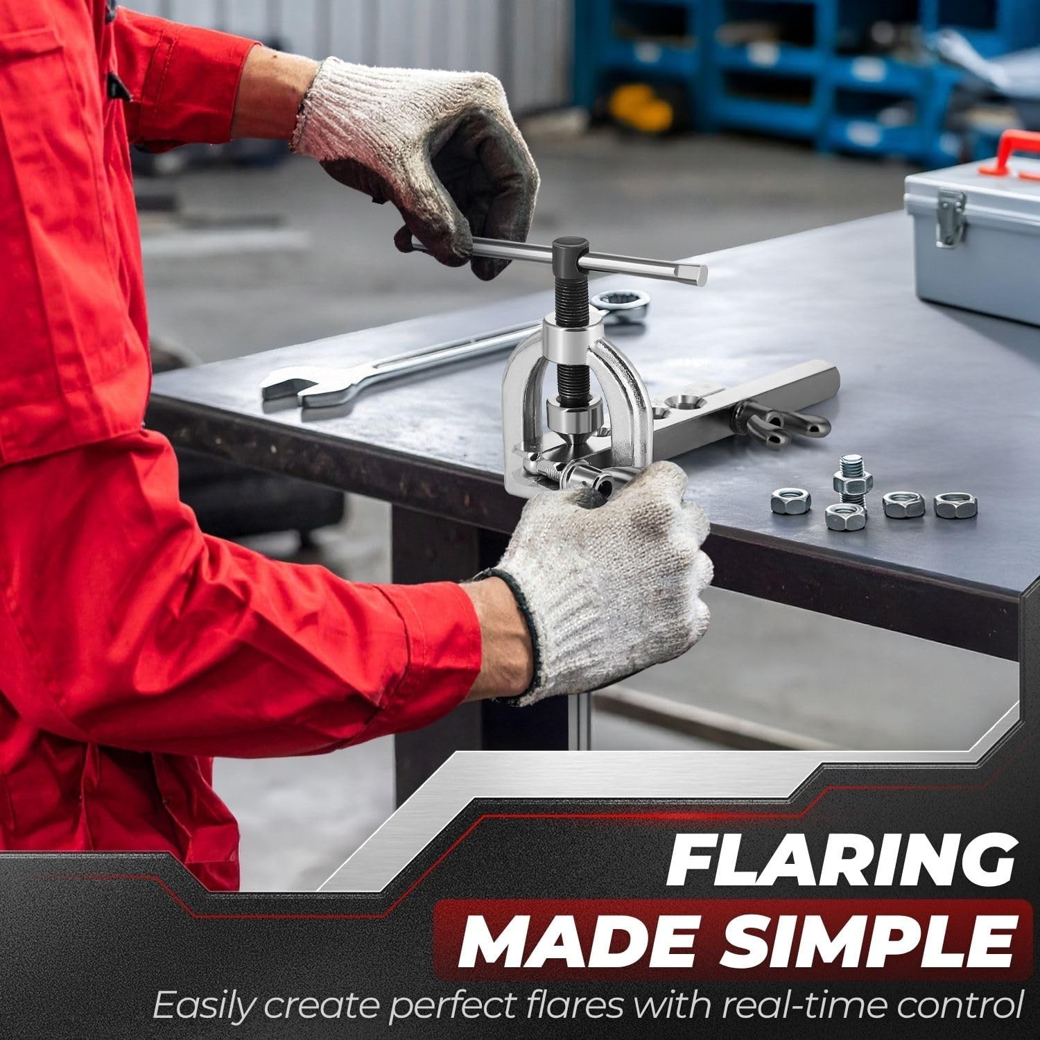 Double Flare Brake Line Flaring Tool Kit with Adapters for Copper Steel Aluminum