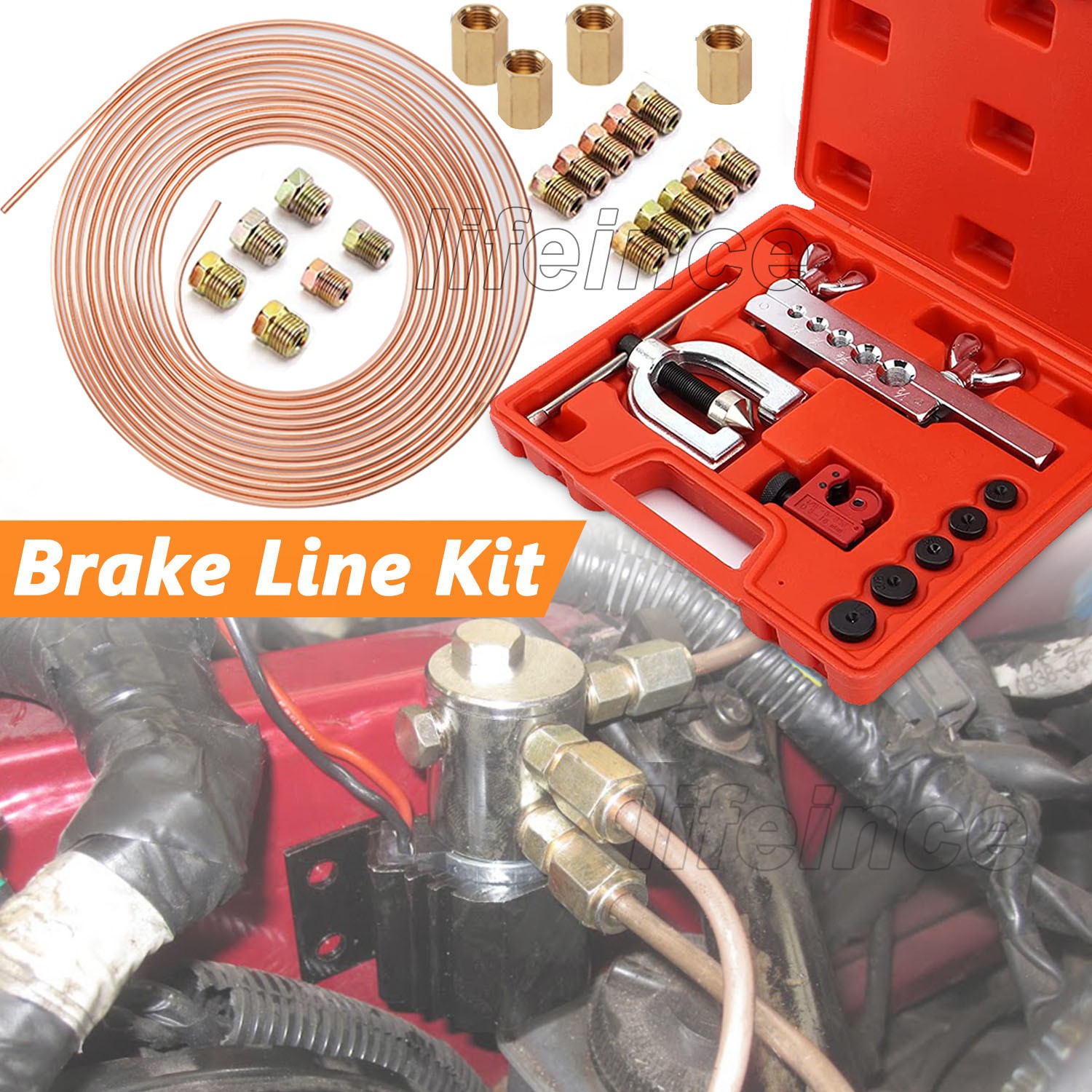 Racewill 25 ft 1/4 Copper Coated Brake Line Kit Includes 16 Fittings & 4 Unions