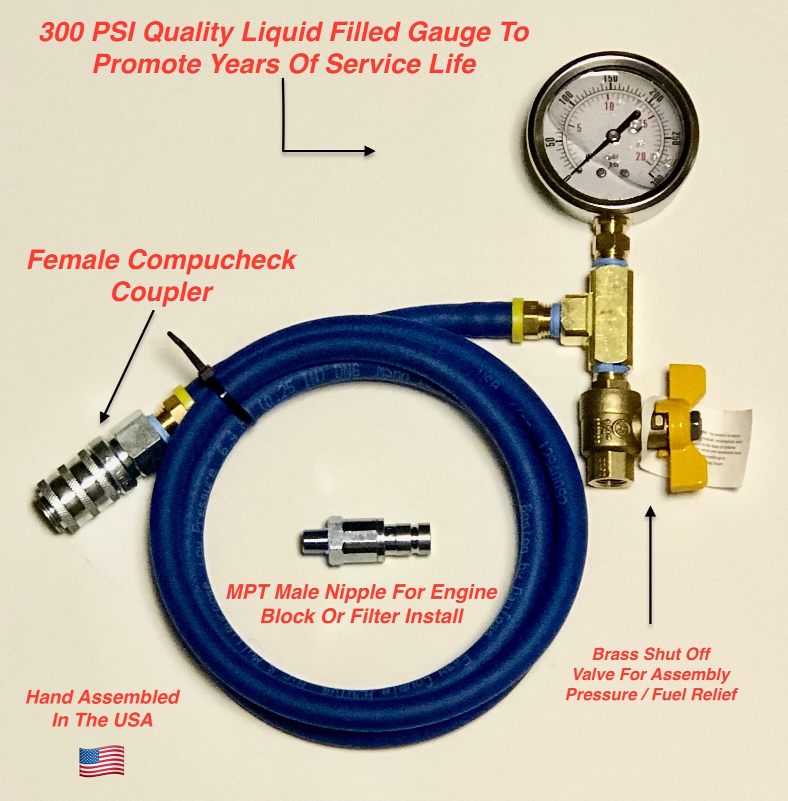 Compucheck Fuel Pressure Test Gauge for Cummins Diesel & More 2 Yr. Warranty 10′