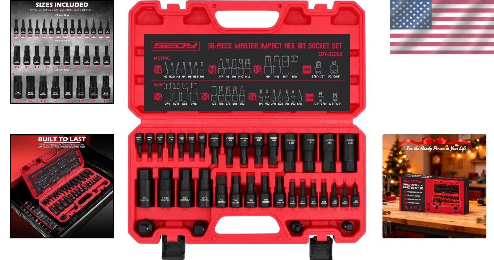 Hex Impact Socket Set 36-Piece SAE Metric with Adapters Durable Storage Case