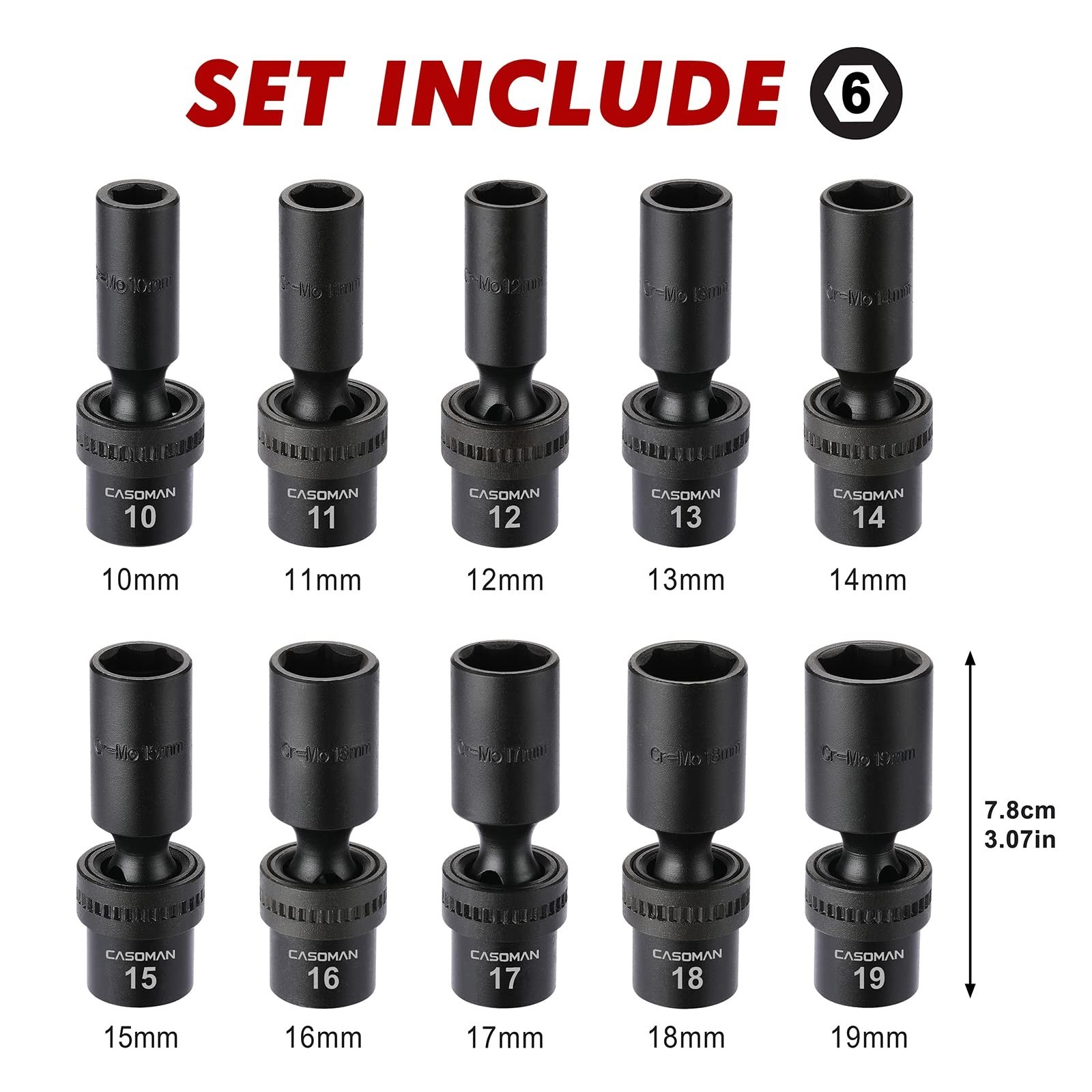 10 PCS 3/8″ Drive Deep Impact Socket Set, 6 Point, CR-MO, Metric 10-19mm Tools