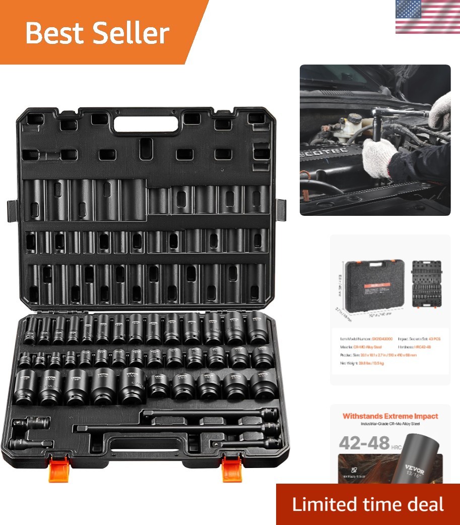 High Torque 43-Piece Impact Socket Set – Durable Cr-Mo Steel, Easy to Organize