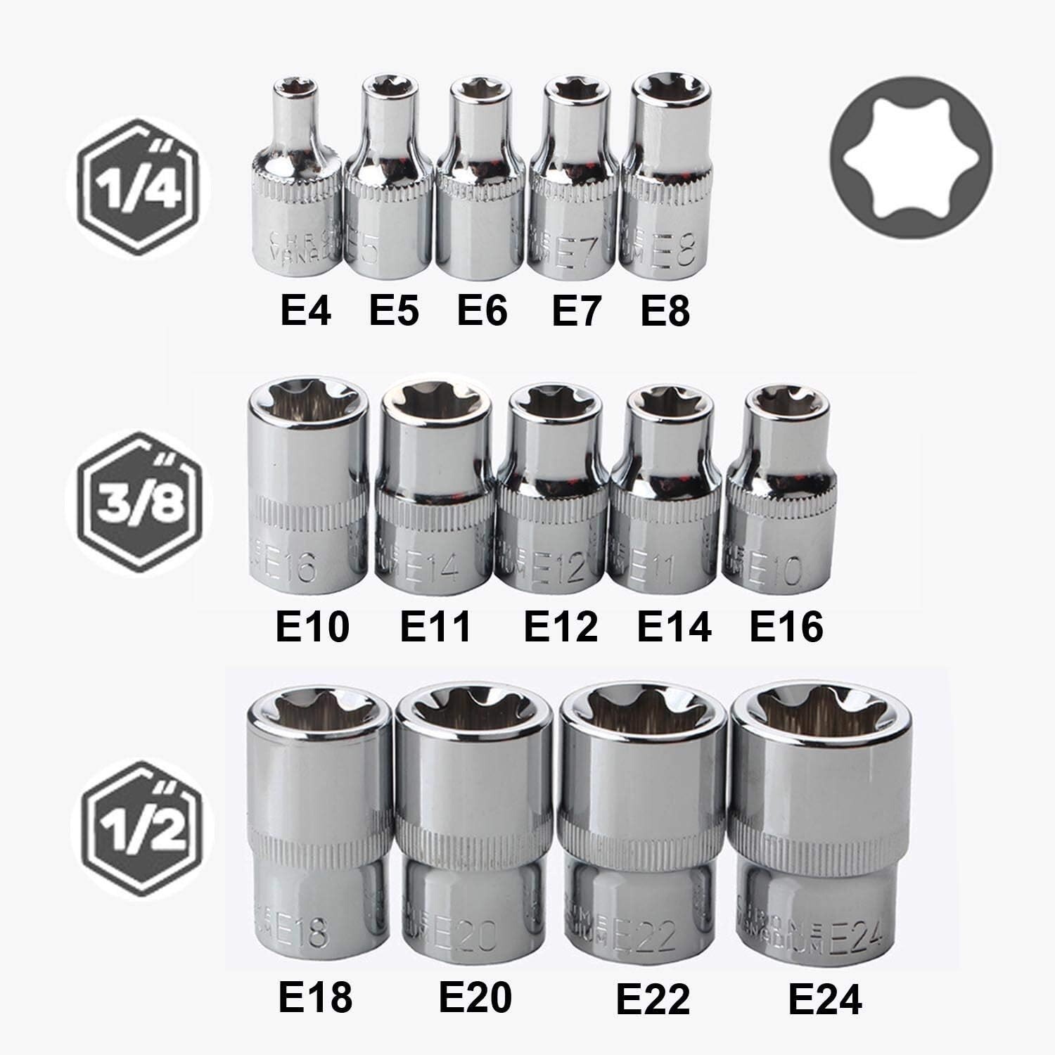 14 PCS Female E Torx Socket Set 3/8 1/2 1/4 Drive E4 – E24 External Torque Star