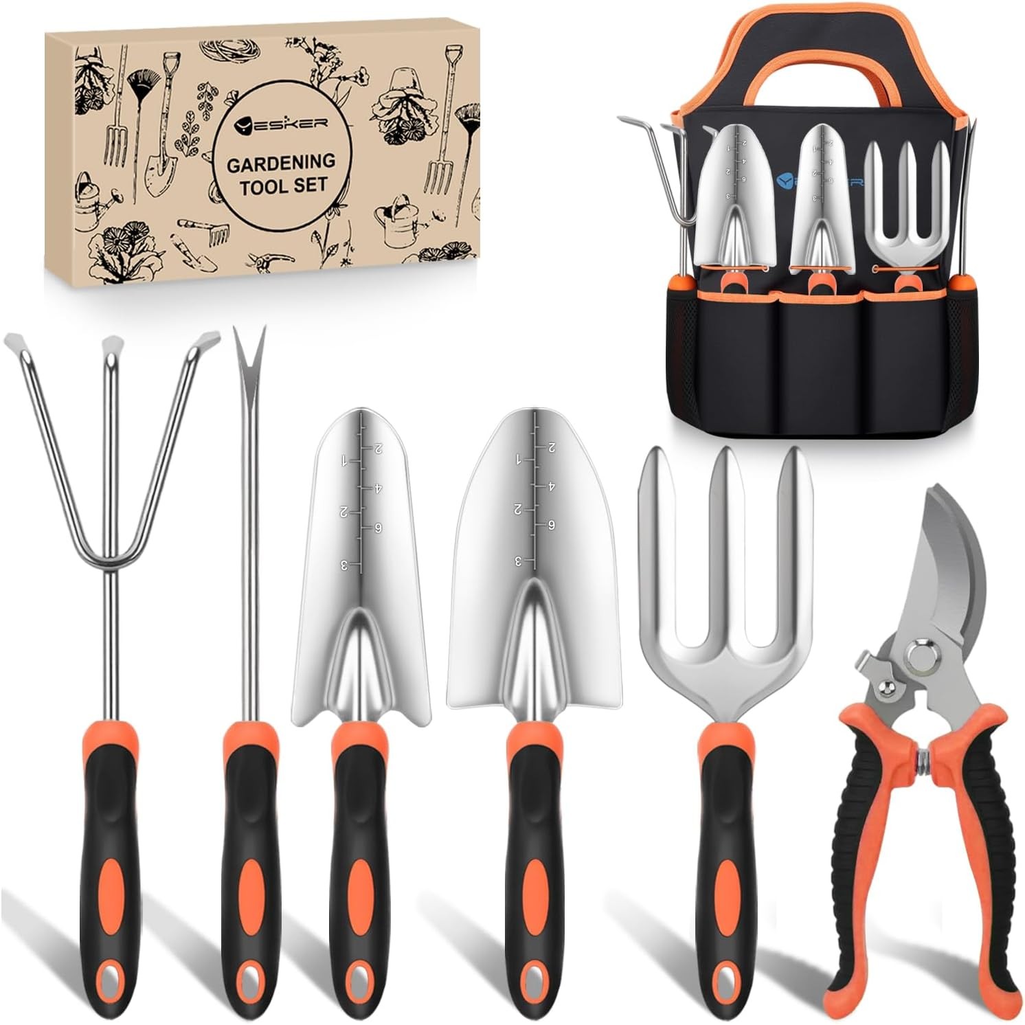 7-Piece Garden Tool Set Gardening Tools Non-Slip Ergonomic Handle Black Orange