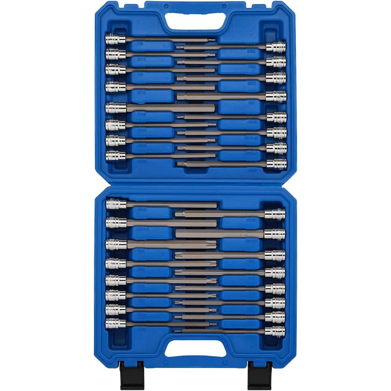 32PCS 3/8″Dr. Extra Long Hex and Torx Bit Socket 1/8″- 7/16″ 3mm – 12mm, T10-T60