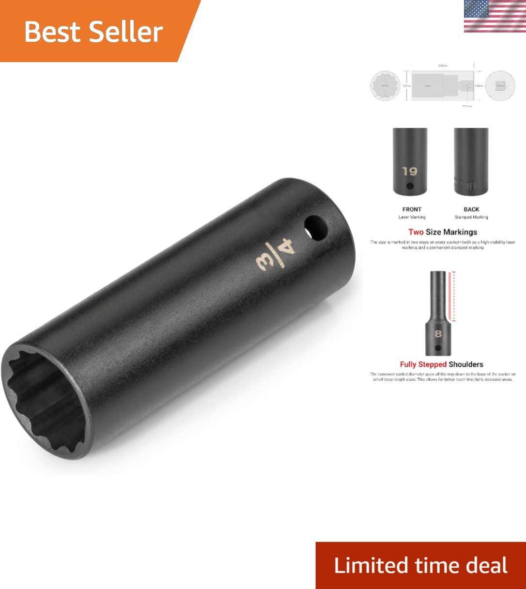 Durable 1/2 Inch Drive x 3/4 Inch Deep 12-Point Impact Socket, Oil Rubbed Finish