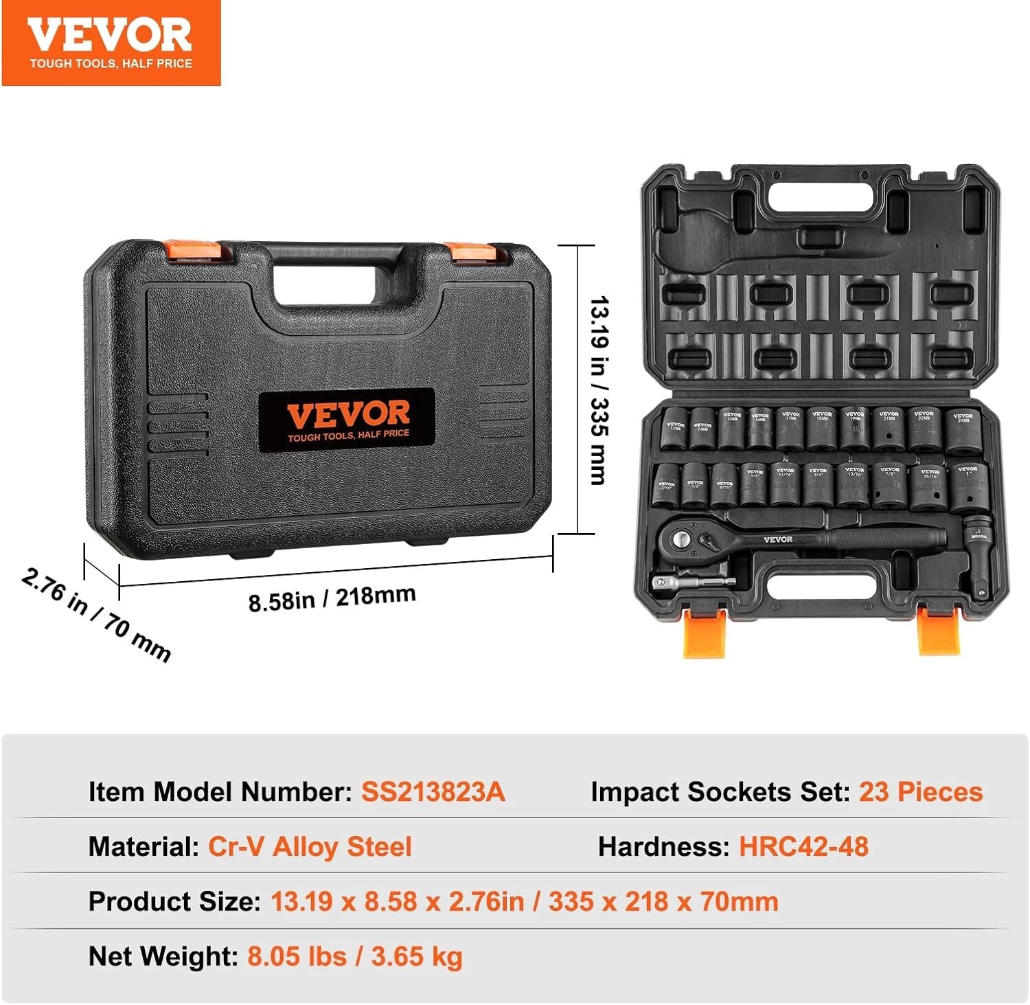 Versatile 1/2″ Drive Impact Socket Set, 23 Pieces – SAE & Metric, Easy Storage