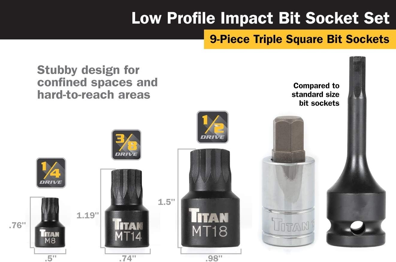 Titan Tools 16138 Impact Triple Square Bit Socket Set – 9 Piece