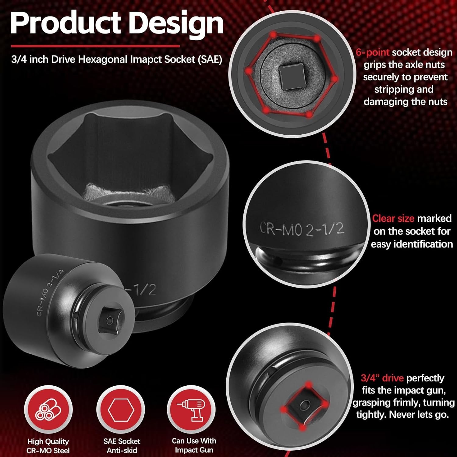 8pcs 3/4″ Drive Jumbo Large Impact Socket Set 6 Point SAE 2-1/16″ to 2-1/2″