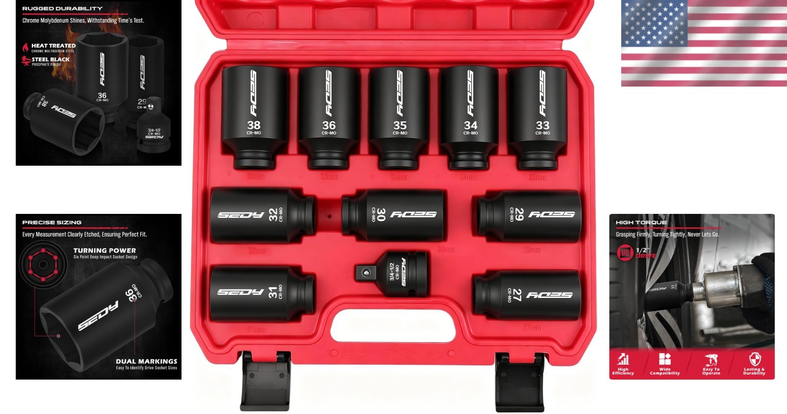 High Torque 11-Pc Metric Size Wheel Axle Nut Wrench Set