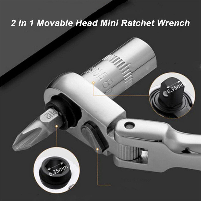 2 in 1 Drive Ratchet Handle Wrench Socket Spanner Tool 1/4″ 72-Tooth Flexi Head