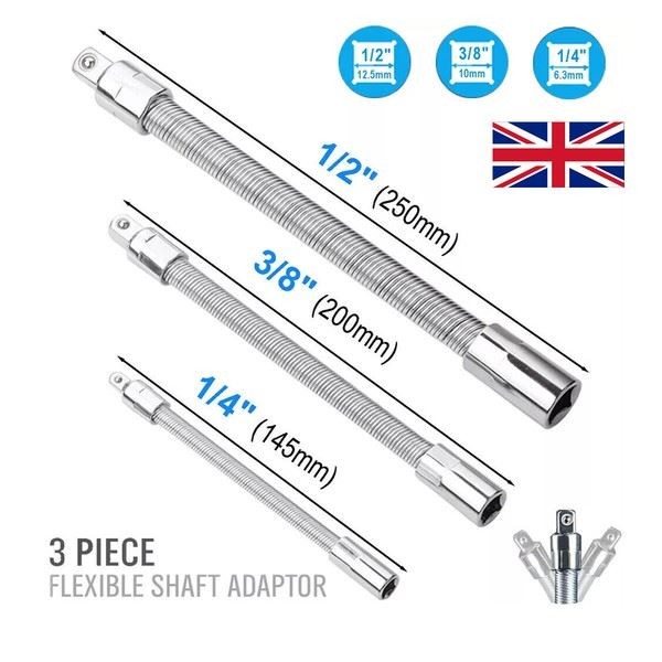 3Pcs Flexible Flexi Socket Extension Bar Adaptor Set Mixed 1/4″ 3/8″ 1/2″ Drives