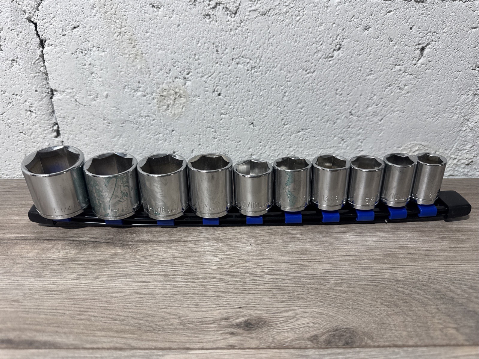 10pc Socket Set Chrome SAE 1/2″ Drive On Snap Rail VGC Free Shipping 1 1/4 -5/8