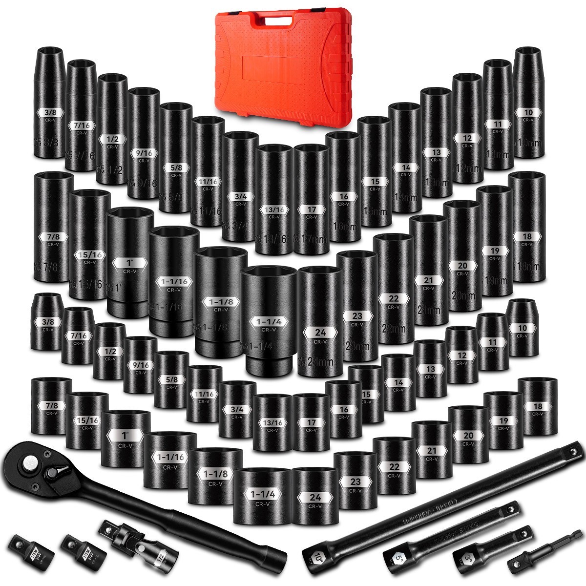 66 PCS 1/2 Inch Drive Impact Socket Set, SAE (3/8″-1-1/4″) & Metric (10-24mm)