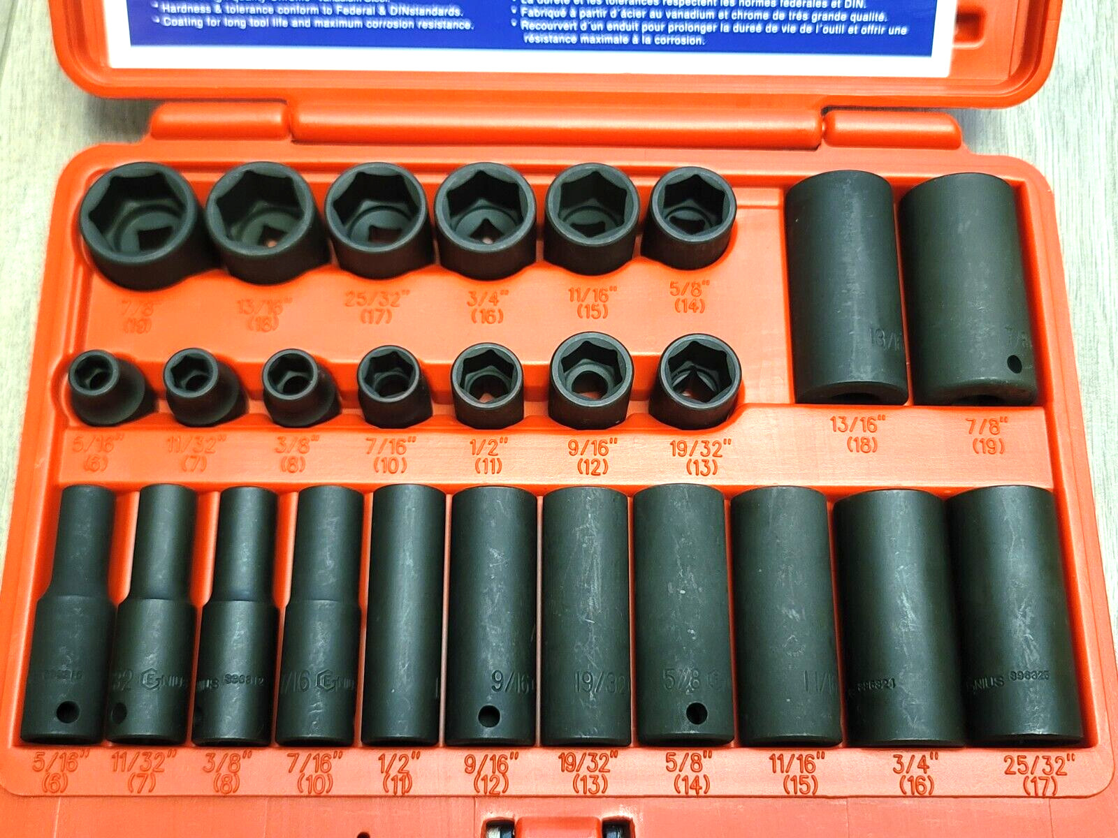 Genius Tools 26pc 3/8″ dr Master SAE Short & Deep Impact Socket Set #TF-326S