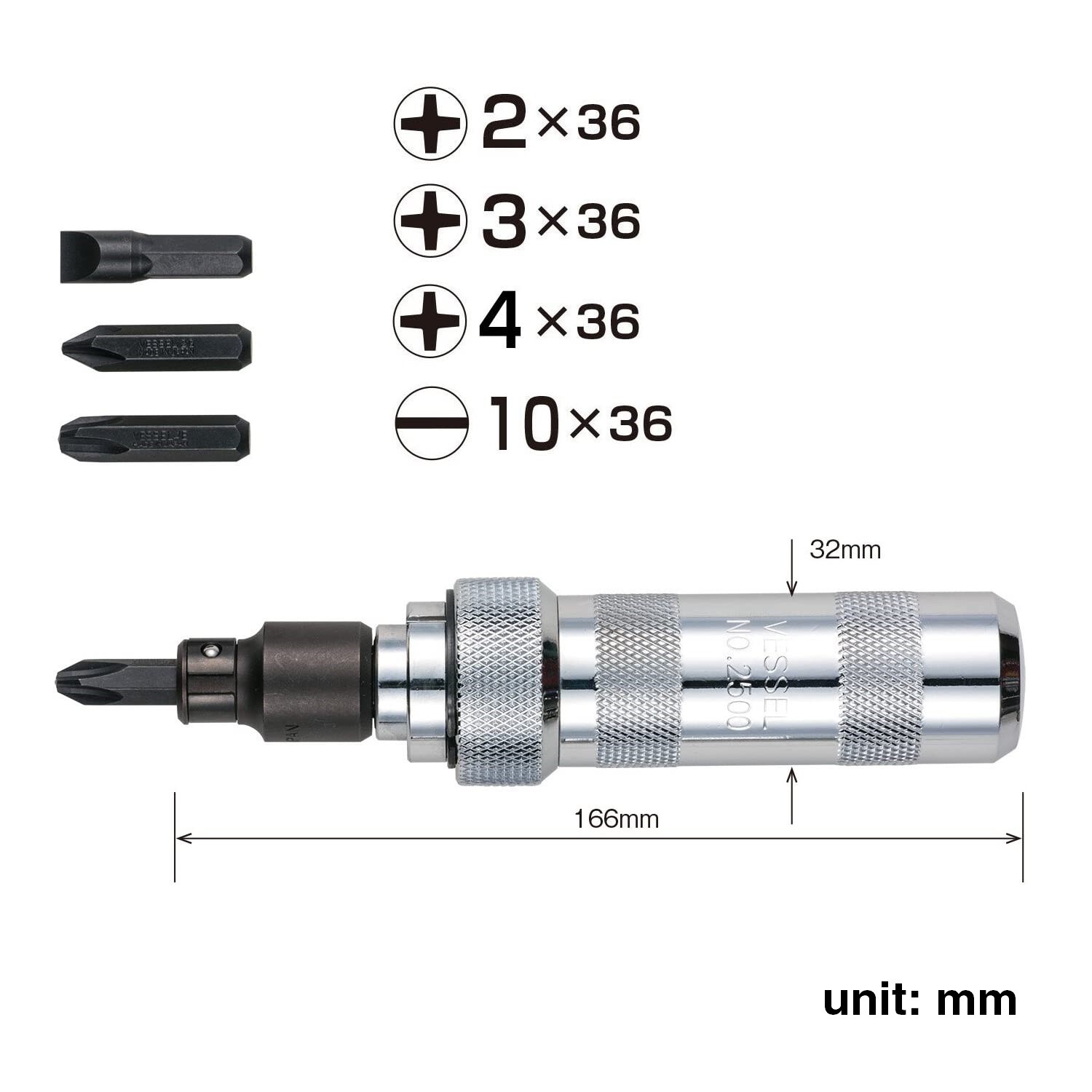Vessel Manual Impact Driver Set 5/16″ Hex Bits 1/2″ Drive Phillips Flat 250001