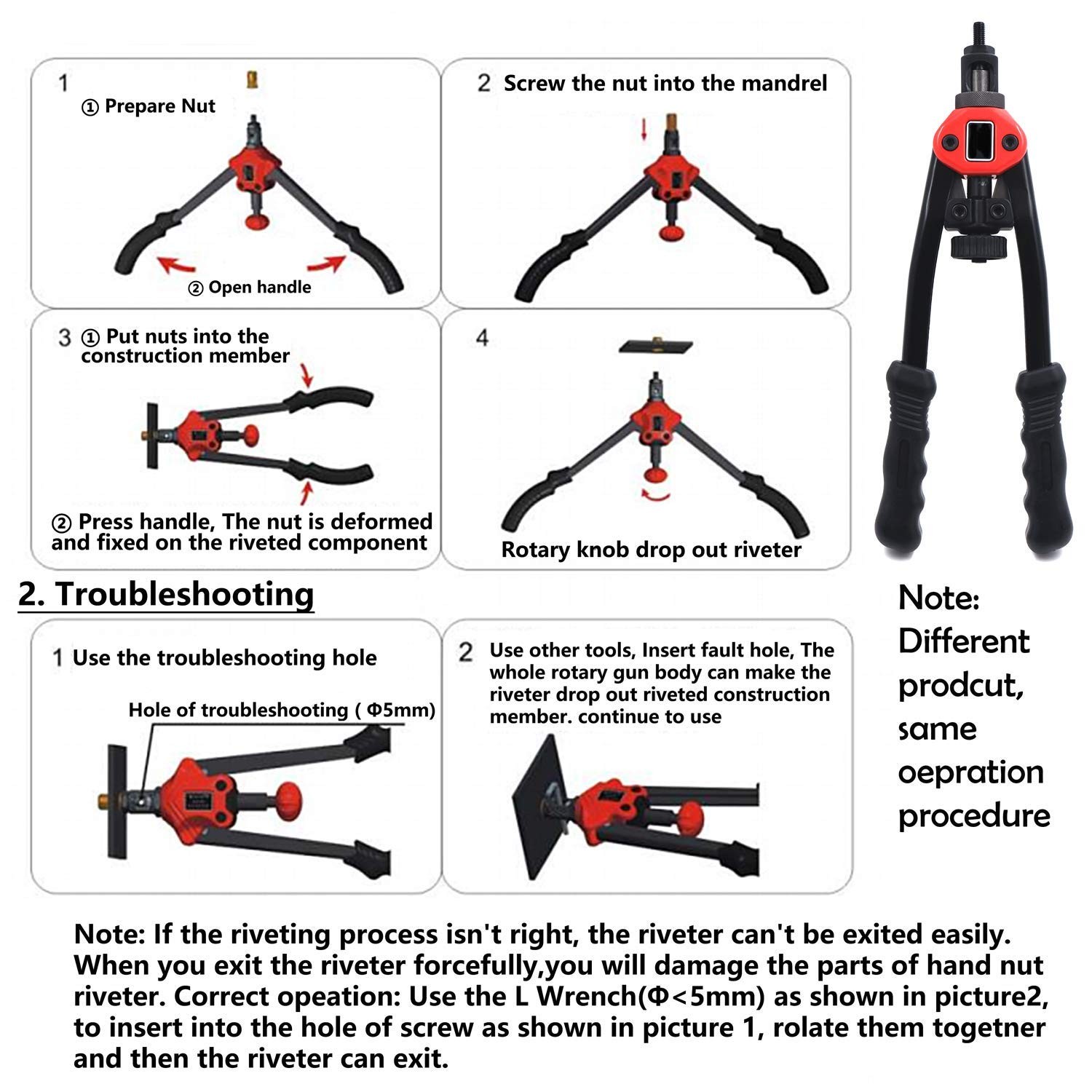 HTTMT- Hand Nut Riveter 330mm 13″ Rivet Gun Kit Rivnut Thread 13 inch, Black