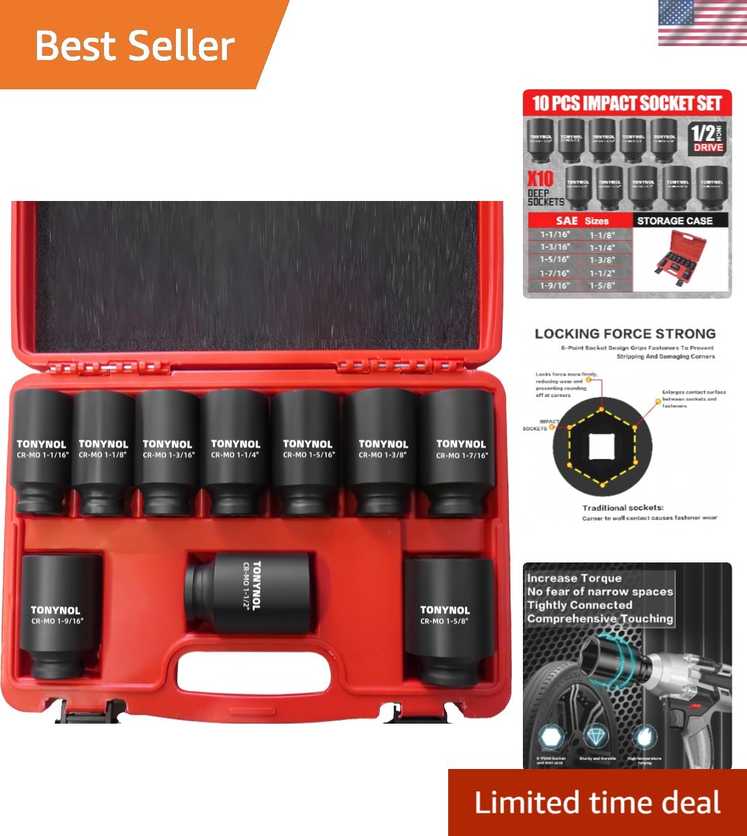 1/2″ Inch Drive Impact Socket Set,6-Point,SAE 1-1/16″ to 1-5/8″,10 PC Deep,He…