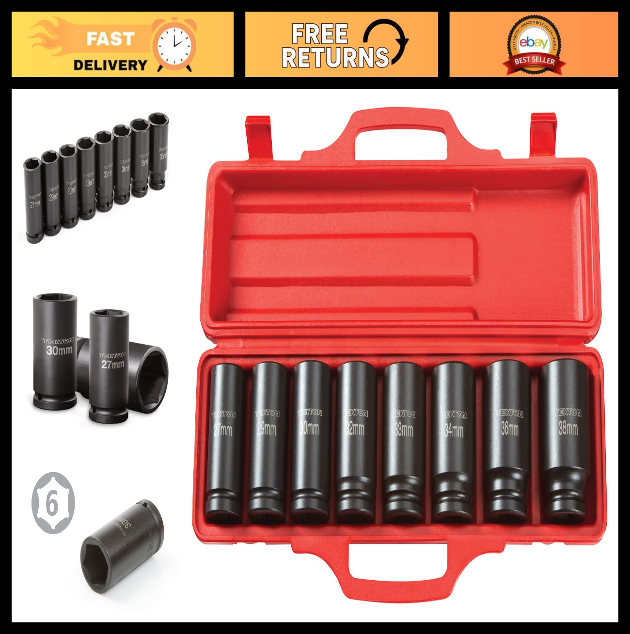 8-Piece 3/4 Inch Drive Deep 6-Point Impact Socket Set with Case, 27-38 mm