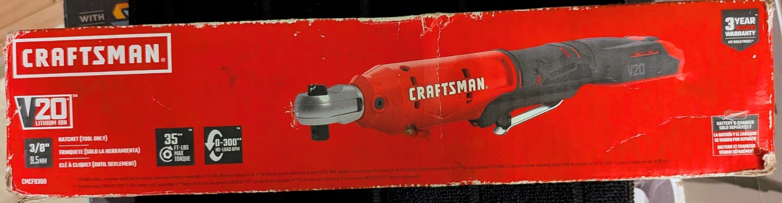Craftsman V20 Cordless Ratchet 3/8in Drive 20ft-35lbs Of Torque & LED Work Light