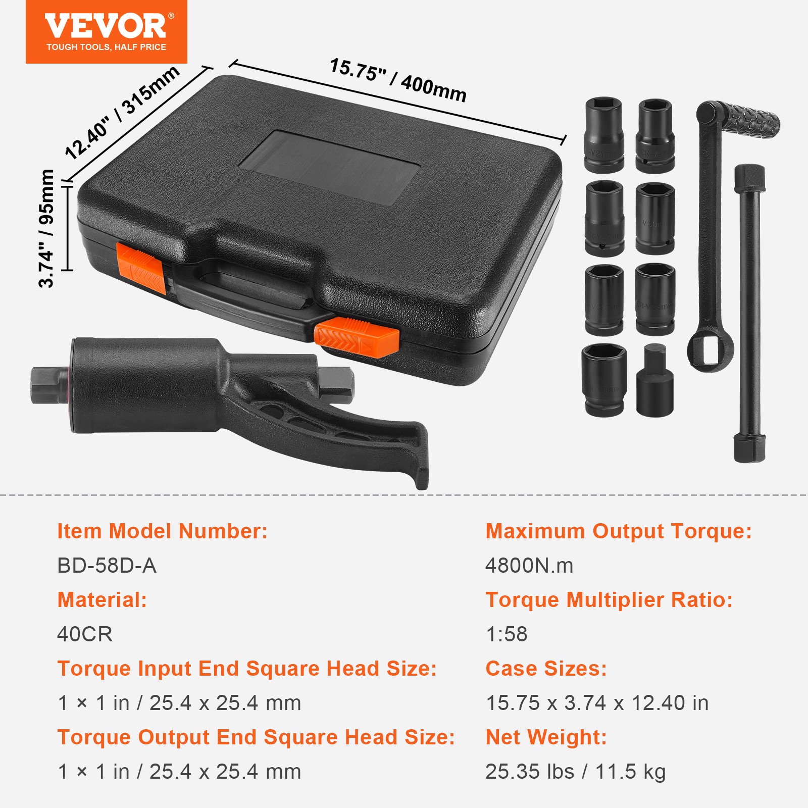 VEVOR Torque Multiplier Wrench Set 1″ Drive 1:58 Lug Nut Remover with 8 Sockets